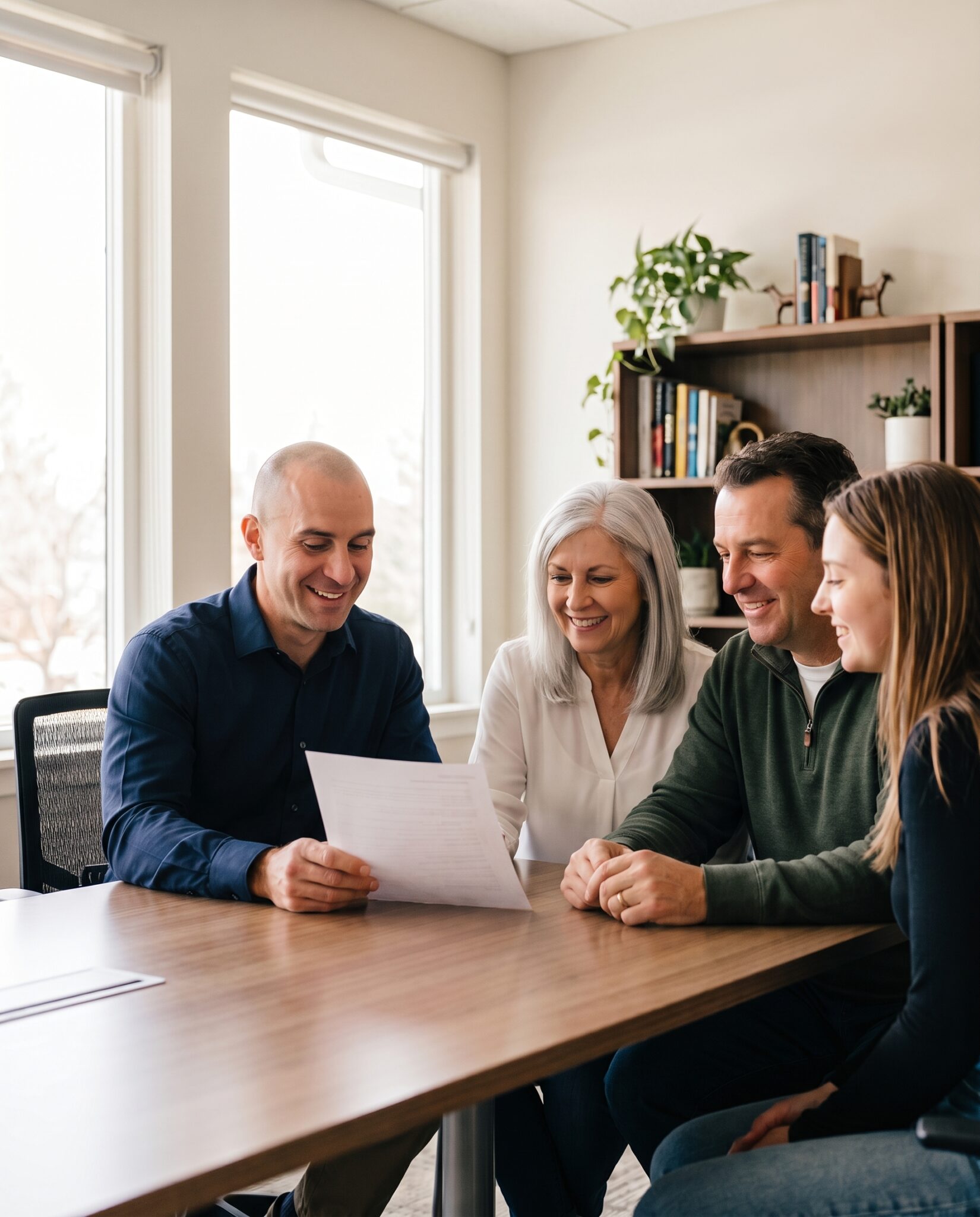 Financial advisors meeting with clients in a bright office setting.